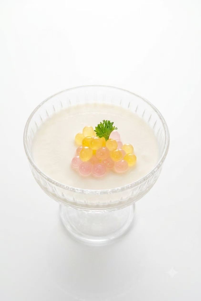Almond tofu with fruit pearls