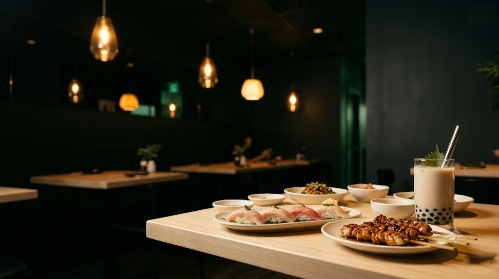 Matsumi dining table with sushi, skewers, and bubble tea